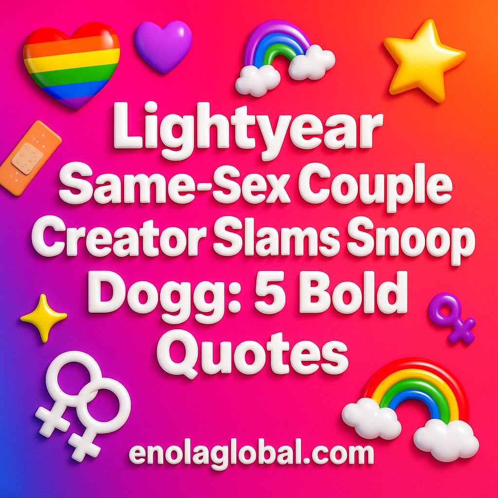 Lightyear Same Sex Couple Creator Slams Snoop Dogg: 5 Bold Quotes Square news graphic showing a post title named "Lightyear Same Sex Couple Creator Slams Snoop Dogg: 5 Bold Quotes" in bold white text on a pink–orange–purple gradient, with a rainbow heart, purple heart, and interlinked female symbols; enolaglobal.com at the bottom.