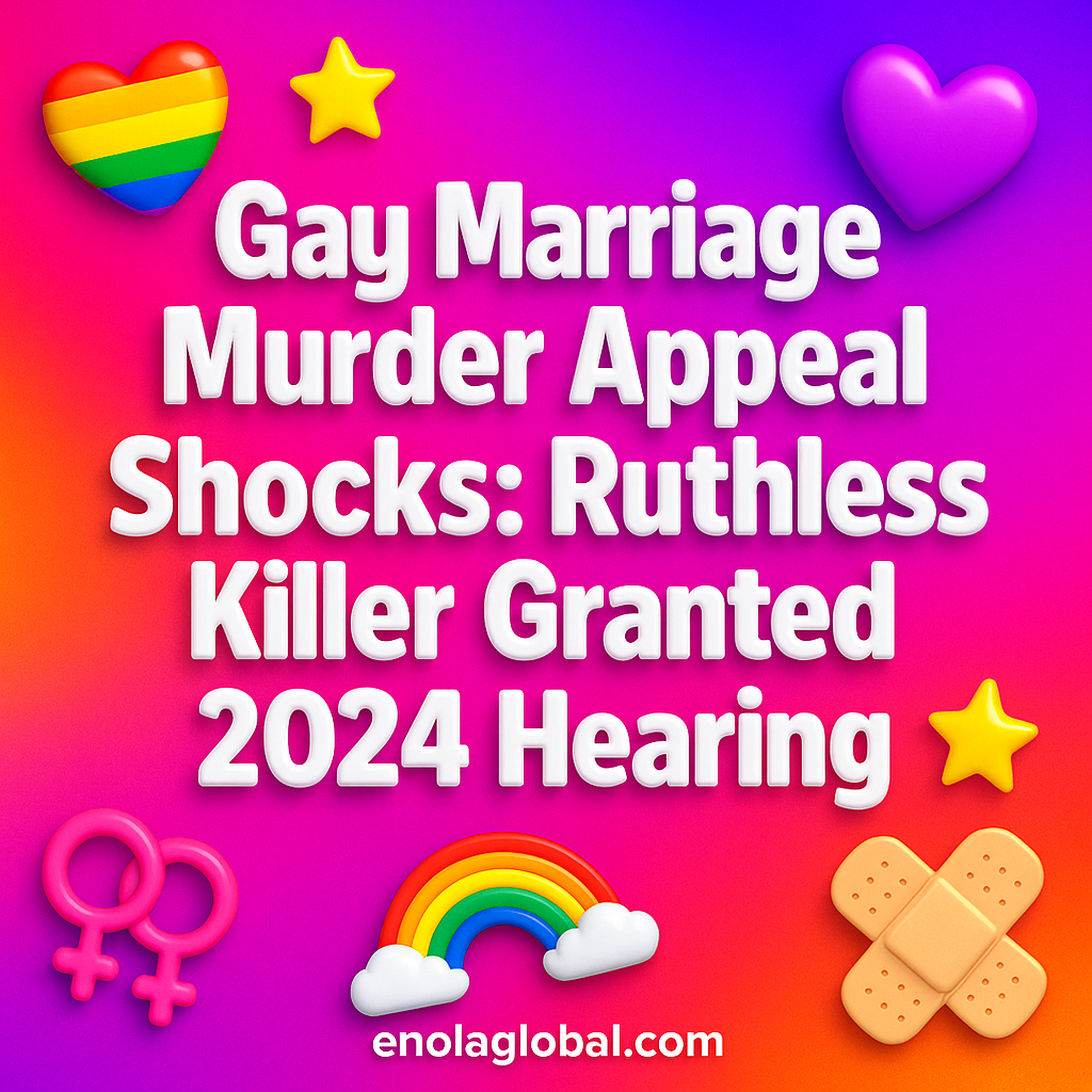 Gay Marriage Murder Appeal Shocks: Ruthless Killer Granted 2024 Hearing Square news graphic showing a post title named "Gay Marriage Murder Appeal Shocks: Ruthless Killer Granted 2024 Hearing" in bold white text on a pink–orange–purple gradient, with a rainbow heart, purple heart, and interlinked female symbols; enolaglobal.com at the bottom.
