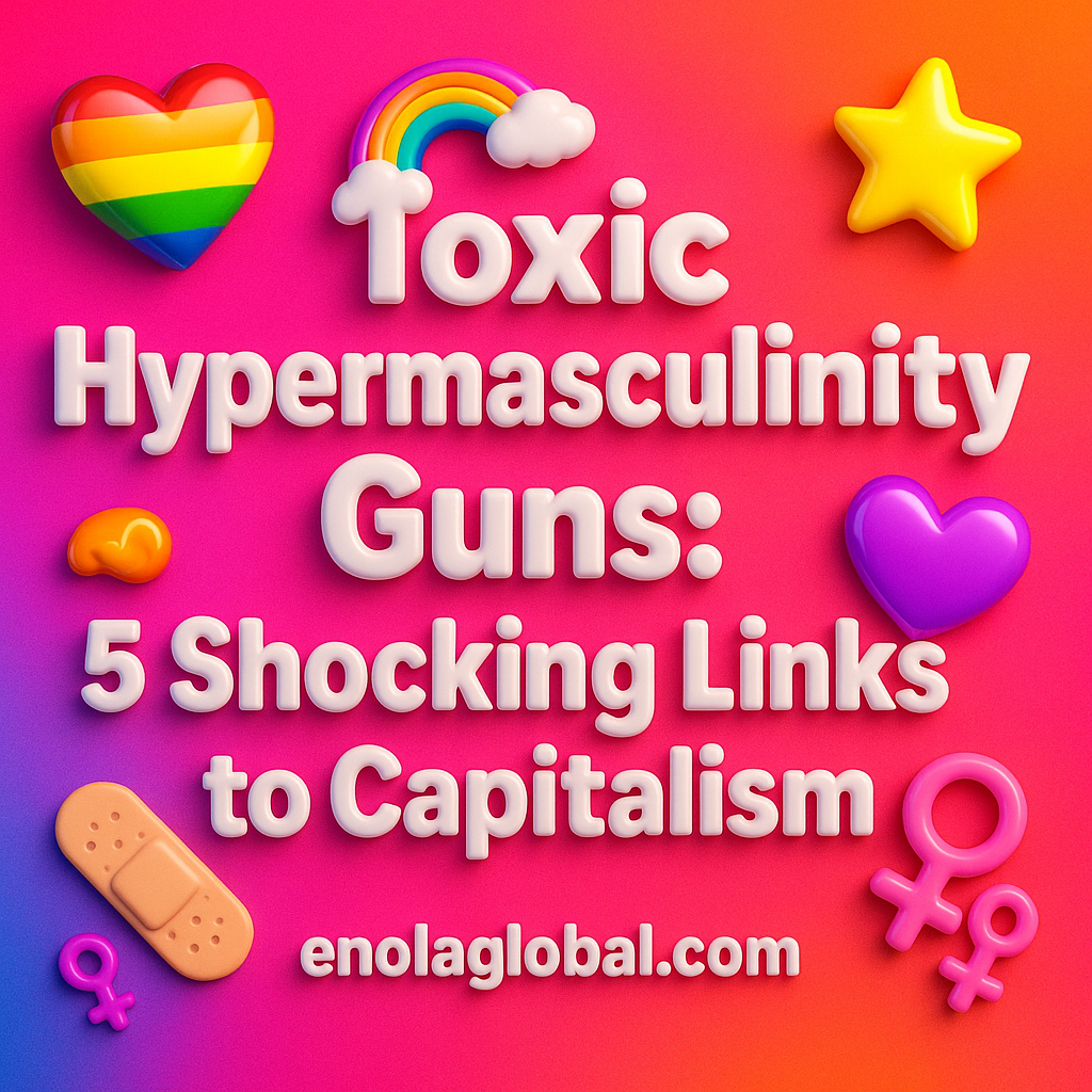 Toxic Hypermasculinity Guns: 5 Shocking Links to Capitalism Square news graphic showing a post title named "Toxic Hypermasculinity Guns: 5 Shocking Links to Capitalism" in bold white text on a pink–orange–purple gradient, with a rainbow heart, purple heart, and interlinked female symbols; enolaglobal.com at the bottom.
