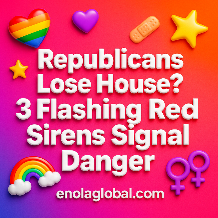 Republicans Lose House? 3 Flashing Red Sirens Signal Danger Square news graphic showing a post title named "Republicans Lose House? 3 Flashing Red Sirens Signal Danger" in bold white text on a pink–orange–purple gradient, with a rainbow heart, purple heart, and interlinked female symbols; enolaglobal.com at the bottom.
