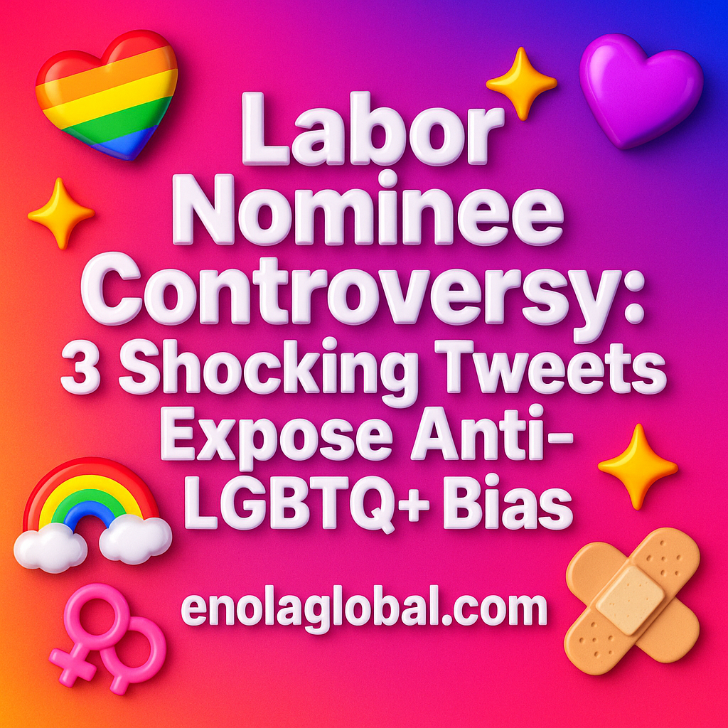 Labor Nominee Controversy: 3 Shocking Tweets Expose Anti-LGBTQ+ Bias Square news graphic showing a post title named "Labor Nominee Controversy: 3 Shocking Tweets Expose Anti-LGBTQ+ Bias" in bold white text on a pink–orange–purple gradient, with a rainbow heart, purple heart, and interlinked female symbols; enolaglobal.com at the bottom.