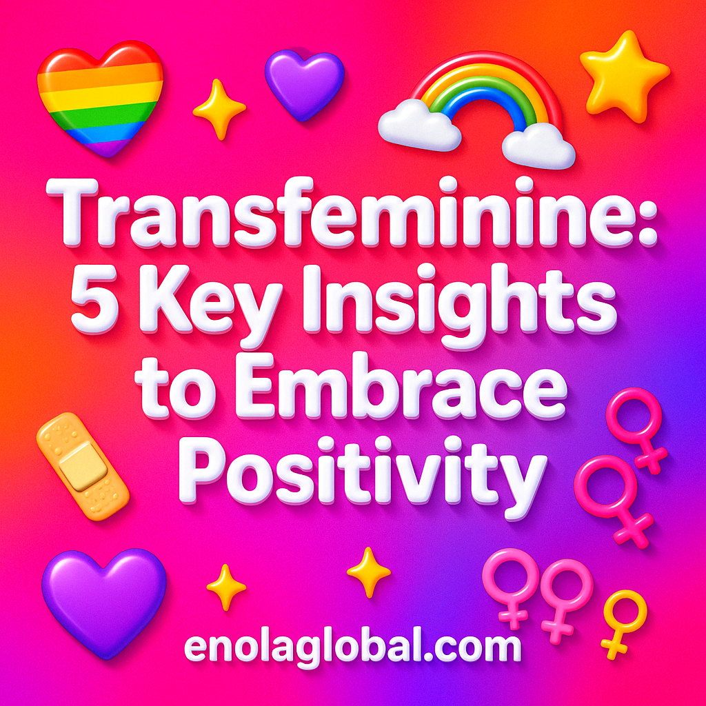 Transfeminine Meaning: 5 Key Insights to Embrace Positivity Square news graphic showing a post title named "Transfeminine Meaning: 5 Key Insights to Embrace Positivity" in bold white text on a pink–orange–purple gradient, with a rainbow heart, purple heart, and interlinked female symbols; enolaglobal.com at the bottom.
