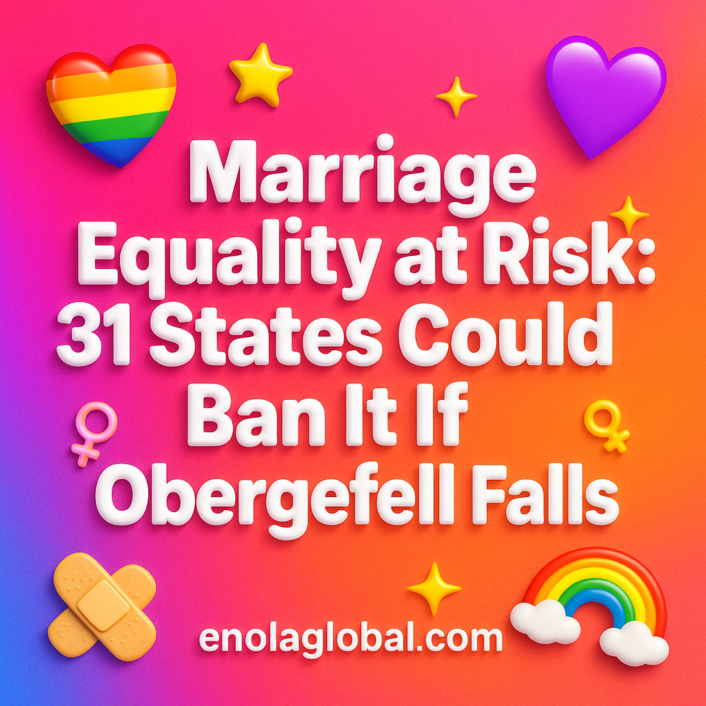 Marriage Equality at Risk: 31 States Could Ban It If Obergefell Falls Square news graphic showing a post title named "Marriage Equality at Risk: 31 States Could Ban It If Obergefell Falls" in bold white text on a pink–orange–purple gradient, with a rainbow heart, purple heart, and interlinked female symbols; enolaglobal.com at the bottom.