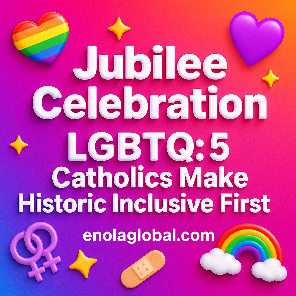 Jubilee Celebration LGBTQ: 5 Catholics Make Historic Inclusive First Square news graphic showing a post title named "Jubilee Celebration LGBTQ: 5 Catholics Make Historic Inclusive First" in bold white text on a pink–orange–purple gradient, with a rainbow heart, purple heart, and interlinked female symbols; enolaglobal.com at the bottom.