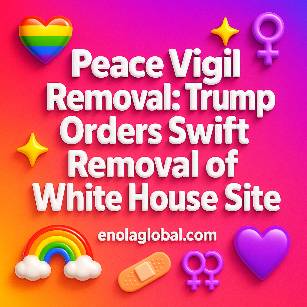 Peace Vigil Removal: Trump Orders Swift Removal of White House Site Square news graphic showing a post title named "Peace Vigil Removal: Trump Orders Swift Removal of White House Site" in bold white text on a pink–orange–purple gradient, with a rainbow heart, purple heart, and interlinked female symbols; enolaglobal.com at the bottom.