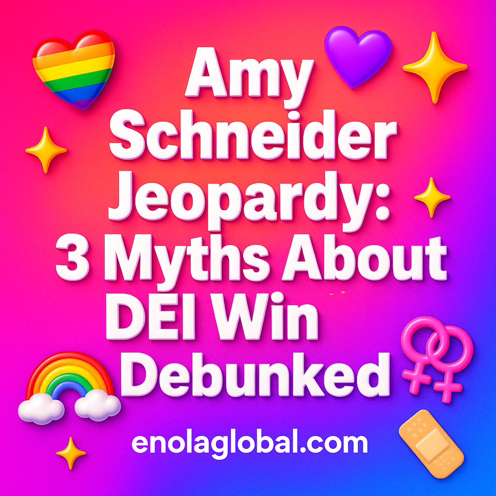Amy Schneider Jeopardy: 3 Myths About DEI Win Debunked Square news graphic showing a post title named "Amy Schneider Jeopardy: 3 Myths About DEI Win Debunked" in bold white text on a pink–orange–purple gradient, with a rainbow heart, purple heart, and interlinked female symbols; enolaglobal.com at the bottom.