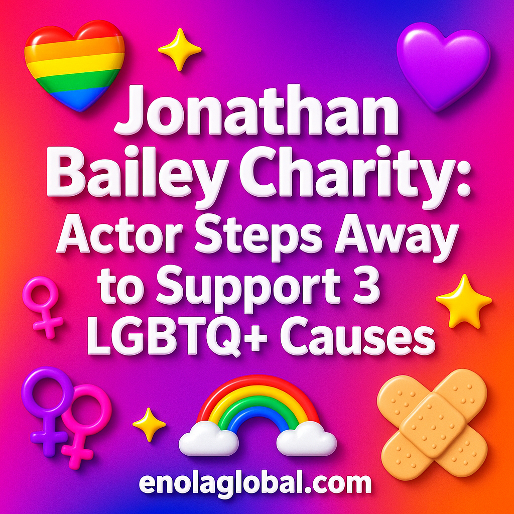Jonathan Baily Charity: Actor Steps Away to Support 3 LGBTQ+ Causes Square news graphic showing a post title named "Jonathan Baily Charity: Actor Steps Away to Support 3 LGBTQ+ Causes" in bold white text on a pink–orange–purple gradient, with a rainbow heart, purple heart, and interlinked female symbols; enolaglobal.com at the bottom.