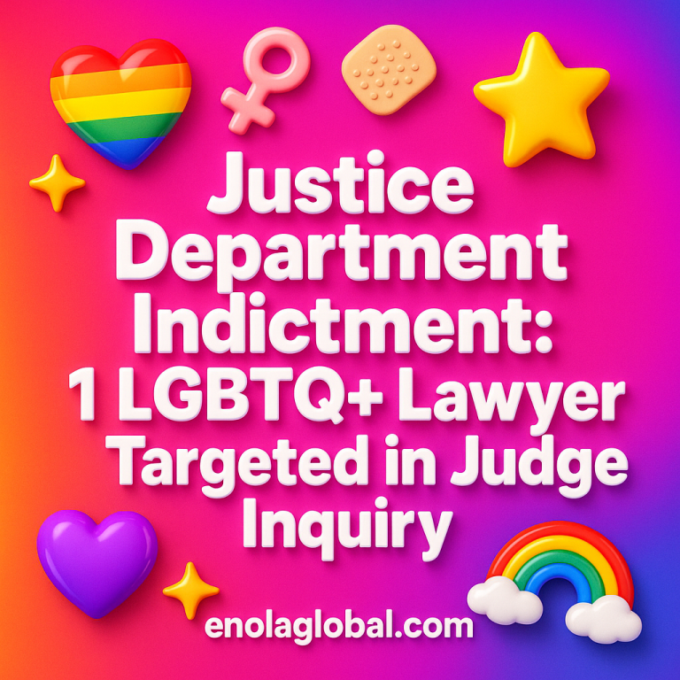 Justice Department Indictment: 1 LGBTQ+ Lawyer Targeted in Judge Inquiry Square news graphic showing a post title named "Justice Department Indictment: 1 LGBTQ+ Lawyer Targeted in Judge Inquiry" in bold white text on a pink–orange–purple gradient, with a rainbow heart, purple heart, and interlinked female symbols; enolaglobal.com at the bottom.