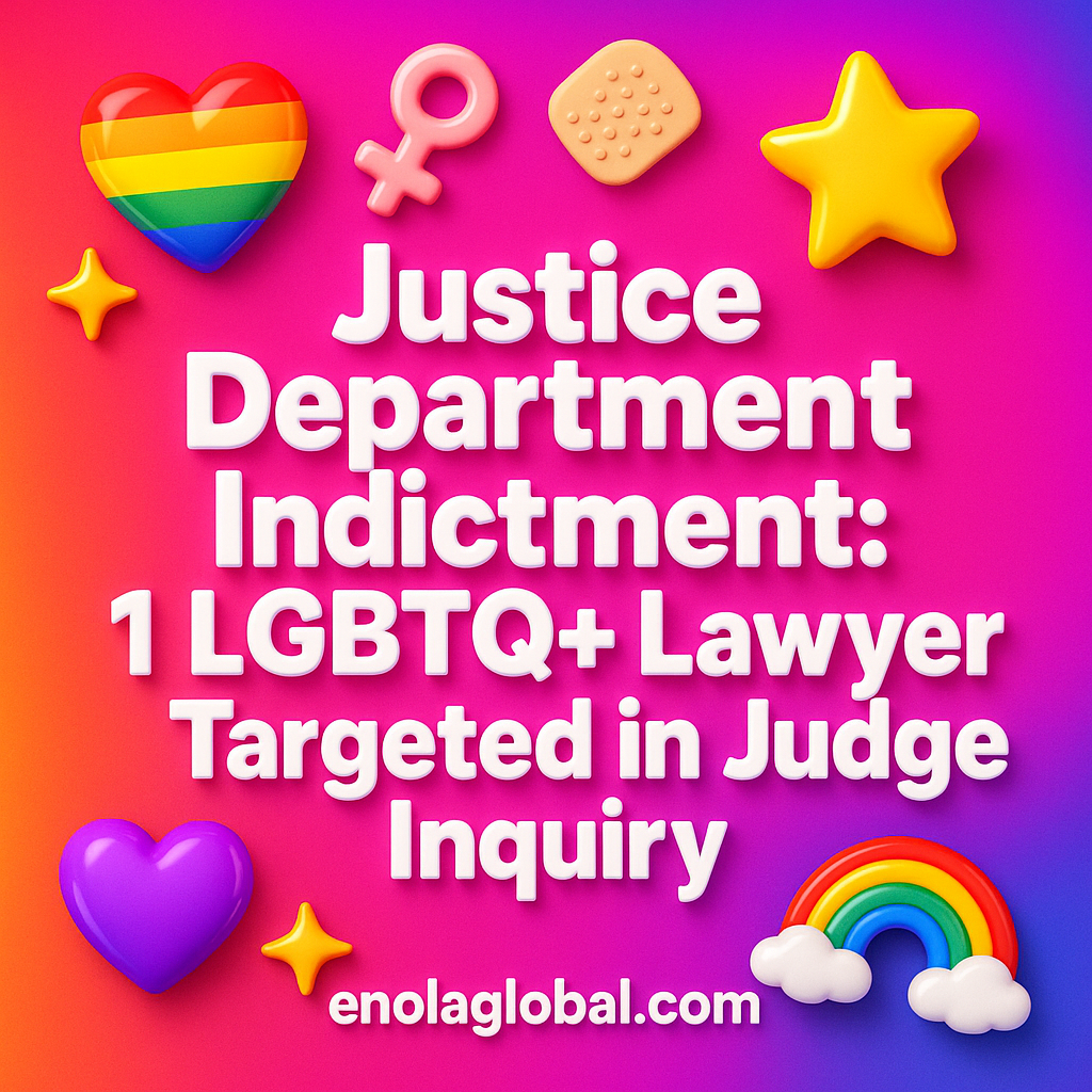 Justice Department Indictment: 1 LGBTQ+ Lawyer Targeted in Judge Inquiry Square news graphic showing a post title named "Justice Department Indictment: 1 LGBTQ+ Lawyer Targeted in Judge Inquiry" in bold white text on a pink–orange–purple gradient, with a rainbow heart, purple heart, and interlinked female symbols; enolaglobal.com at the bottom.
