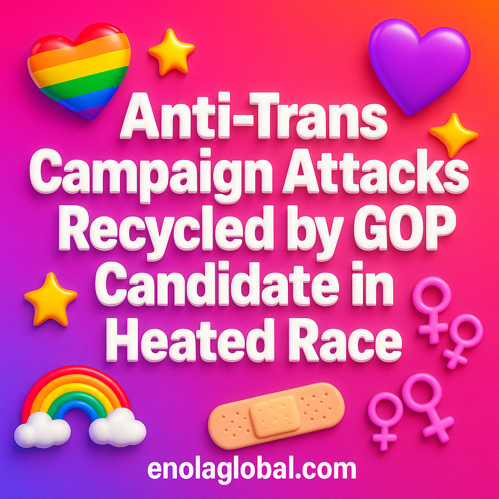 Anti-Trans Campaign Attacks Recycled by GOP Candidate in Heated Race Square news graphic showing a post title named "Anti-Trans Campaign Attacks Recycled by GOP Candidate in Heated Race" in bold white text on a pink–orange–purple gradient, with a rainbow heart, purple heart, and interlinked female symbols; enolaglobal.com at the bottom.