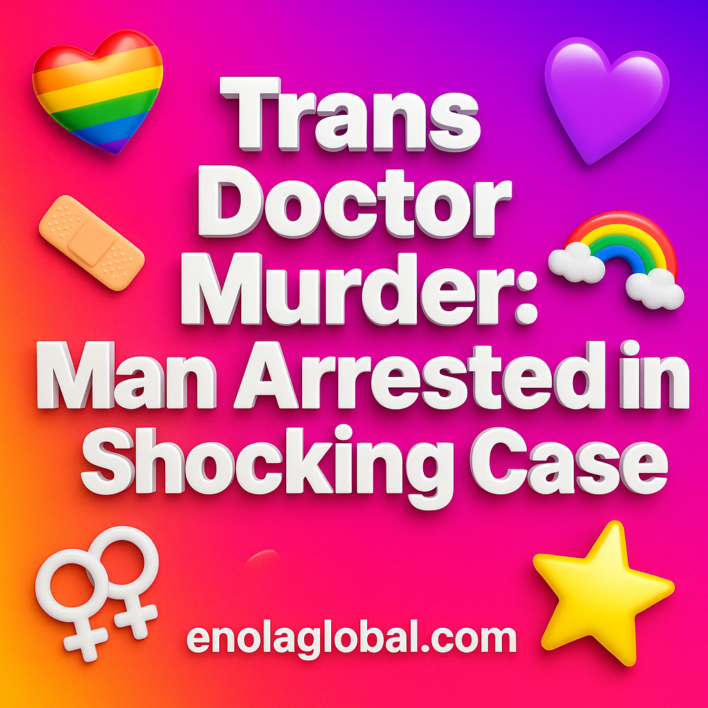 Trans Doctor Murder: Man Arrested in Shocking Case Square news graphic showing a post title named "Trans Doctor Murder: Man Arrested in Shocking Case" in bold white text on a pink–orange–purple gradient, with a rainbow heart, purple heart, and interlinked female symbols; enolaglobal.com at the bottom.