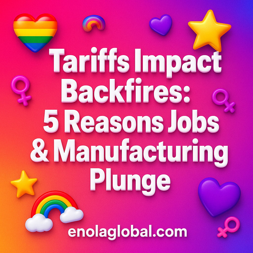 Tariffs Impact Backfires: 5 Reasons Jobs & Manufacturing Plunge Square news graphic showing a post title named "Tariffs Impact Backfires: 5 Reasons Jobs & Manufacturing Plunge" in bold white text on a pink–orange–purple gradient, with a rainbow heart, purple heart, and interlinked female symbols; enolaglobal.com at the bottom.