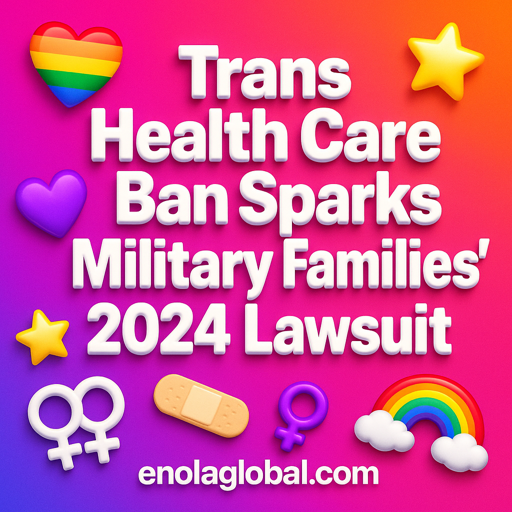 Trans Health Care Ban Sparks Military Families' 2024 Lawsuit Square news graphic showing a post title named "Trans Health Care Ban Sparks Military Families' 2024 Lawsuit" in bold white text on a pink–orange–purple gradient, with a rainbow heart, purple heart, and interlinked female symbols; enolaglobal.com at the bottom.