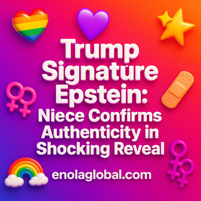 Trump Signature Epstein: Niece Confirms Authenticity in Shocking Reveal Square news graphic showing a post title named "Trump Signature Epstein: Niece Confirms Authenticity in Shocking Reveal" in bold white text on a pink–orange–purple gradient, with a rainbow heart, purple heart, and interlinked female symbols; enolaglobal.com at the bottom.