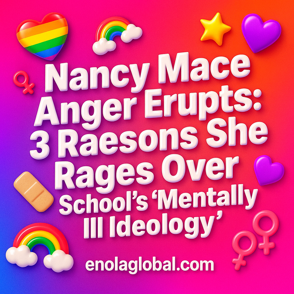 Nancy Mace Anger Erupts: 3 Reasons She Rages Over School’s ‘Mentally Ill Ideology’ Square news graphic showing a post title named "Nancy Mace Anger Erupts: 3 Reasons She Rages Over School’s ‘Mentally Ill Ideology’" in bold white text on a pink–orange–purple gradient, with a rainbow heart, purple heart, and interlinked female symbols; enolaglobal.com at the bottom.