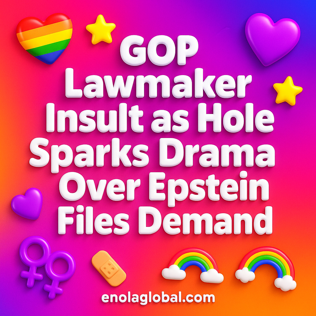 GOP Lawmaker Insult as Hole Sparks Drama Over Epstein Files Demand Square news graphic showing a post title named "GOP Lawmaker Insult as Hole Sparks Drama Over Epstein Files Demand" in bold white text on a pink–orange–purple gradient, with a rainbow heart, purple heart, and interlinked female symbols; enolaglobal.com at the bottom.