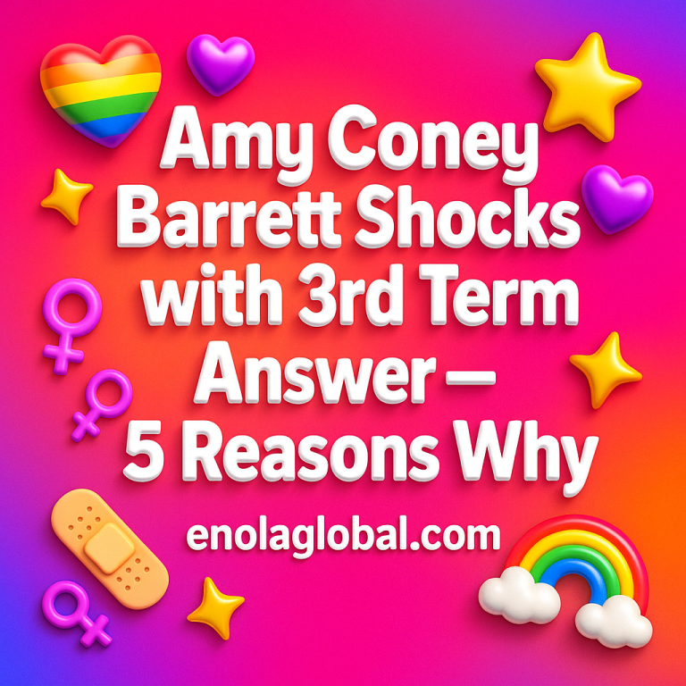 Amy Coney Barrett Shocks with 3rd Term Answer — 5 Reasons Why Square news graphic showing a post title named "Amy Coney Barrett Shocks with 3rd Term Answer — 5 Reasons Why" in bold white text on a pink–orange–purple gradient, with a rainbow heart, purple heart, and interlinked female symbols; enolaglobal.com at the bottom.
