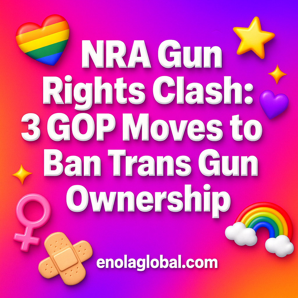 NRA Gun Rights Clash: 3 GOP Moves to Ban Trans Gun Ownership Square news graphic showing a post title named "NRA Gun Rights Clash: 3 GOP Moves to Ban Trans Gun Ownership" in bold white text on a pink–orange–purple gradient, with a rainbow heart, purple heart, and interlinked female symbols; enolaglobal.com at the bottom.