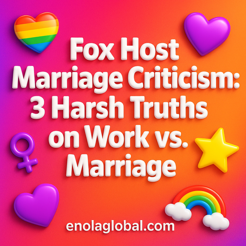 Fox Host Marriage Criticism: 3 Harsh Truths on Work vs. Marriage Square news graphic showing a post title named "Fox Host Marriage Criticism: 3 Harsh Truths on Work vs. Marriage" in bold white text on a pink–orange–purple gradient, with a rainbow heart, purple heart, and interlinked female symbols; enolaglobal.com at the bottom.