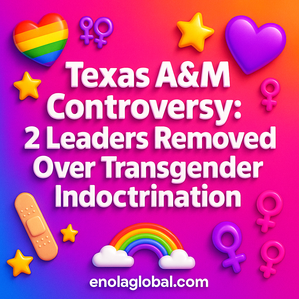 Texas A&M Controversy: 2 Leaders Removed Over Transgender Indoctrination Square news graphic showing a post title named "Texas A&M Controversy: 2 Leaders Removed Over Transgender Indoctrination" in bold white text on a pink–orange–purple gradient, with a rainbow heart, purple heart, and interlinked female symbols; enolaglobal.com at the bottom.