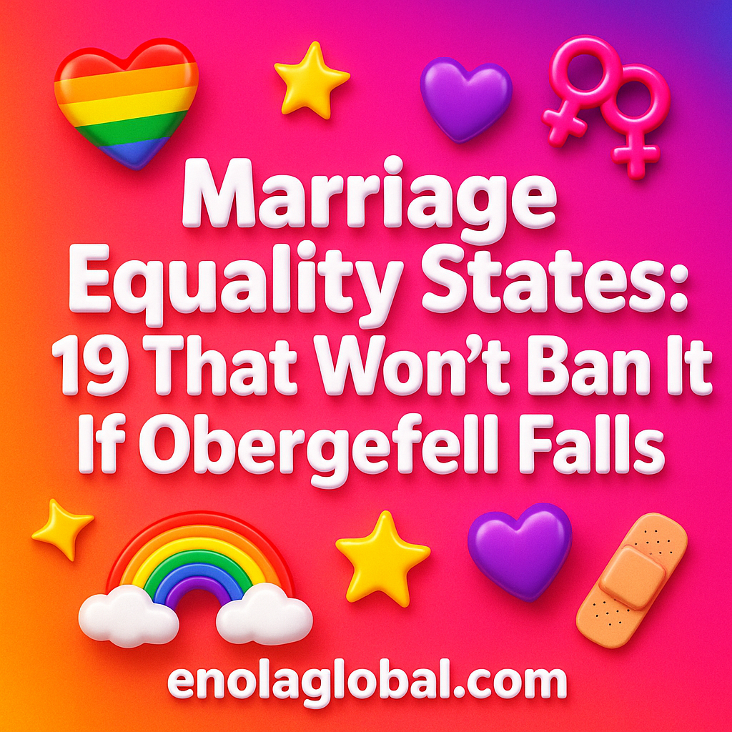 Marriage Equality States: 19 That Won't Ban It If Obergefell Falls Square news graphic showing a post title named "Marriage Equality States: 19 That Won't Ban It If Obergefell Falls" in bold white text on a pink–orange–purple gradient, with a rainbow heart, purple heart, and interlinked female symbols; enolaglobal.com at the bottom.