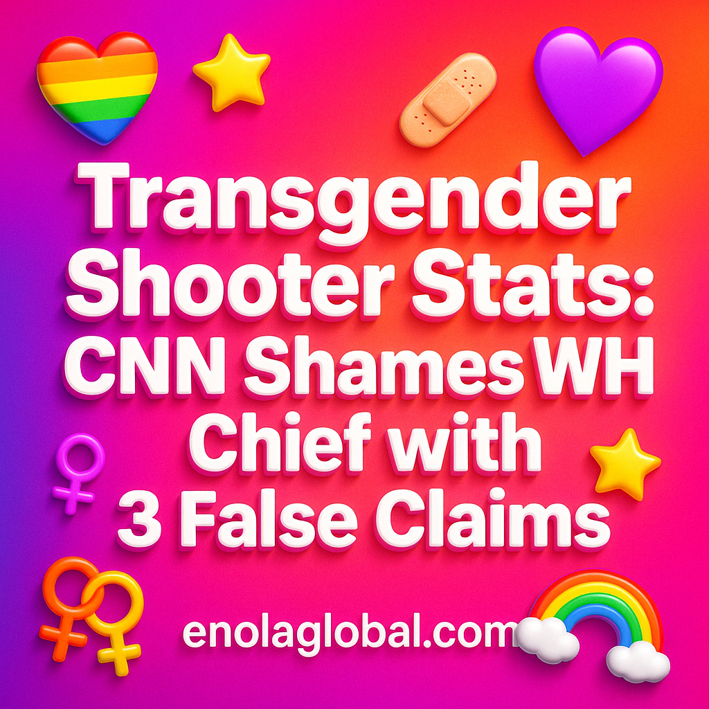 Transgender Shooter Stats: CNN Shames WH Chief with 3 False Claims Square news graphic showing a post title named "Transgender Shooter Stats: CNN Shames WH Chief with 3 False Claims" in bold white text on a pink–orange–purple gradient, with a rainbow heart, purple heart, and interlinked female symbols; enolaglobal.com at the bottom.