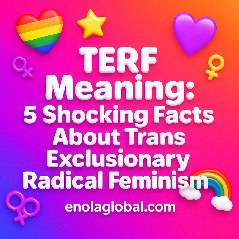 TERF Meaning: 5 Shocking Facts About Trans Exclusionary Radical Feminism Square news graphic showing a post title named "TERF Meaning: 5 Shocking Facts About Trans Exclusionary Radical Feminism" in bold white text on a pink–orange–purple gradient, with a rainbow heart, purple heart, and interlinked female symbols; enolaglobal.com at the bottom.