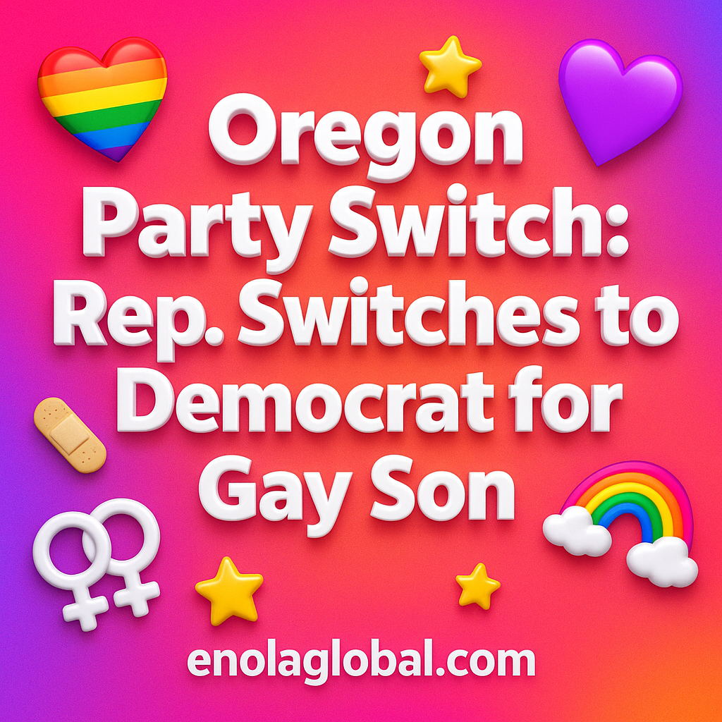Oregon Party Switch: Rep. Switches to Democrat for Gay Son Square news graphic showing a post title named "Oregon Party Switch: Rep. Switches to Democrat for Gay Son" in bold white text on a pink–orange–purple gradient, with a rainbow heart, purple heart, and interlinked female symbols; enolaglobal.com at the bottom.