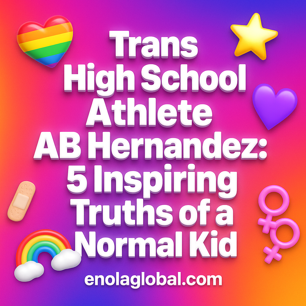 Trans High School Athlete AB Hernandez: 5 Inspiring Truths of a Normal Kid Square news graphic showing a post title named "Trans High School Athlete AB Hernandez: 5 Inspiring Truths of a Normal Kid" in bold white text on a pink–orange–purple gradient, with a rainbow heart, purple heart, and interlinked female symbols; enolaglobal.com at the bottom.