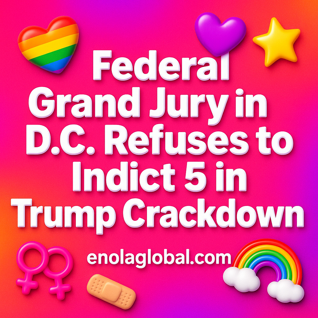 Federal Grand Jury in D.C. Refuses to Indict 5 in Trump Crackdown Square news graphic showing a post title named "Federal Grand Jury in D.C. Refuses to Indict 5 in Trump Crackdown" in bold white text on a pink–orange–purple gradient, with a rainbow heart, purple heart, and interlinked female symbols; enolaglobal.com at the bottom.