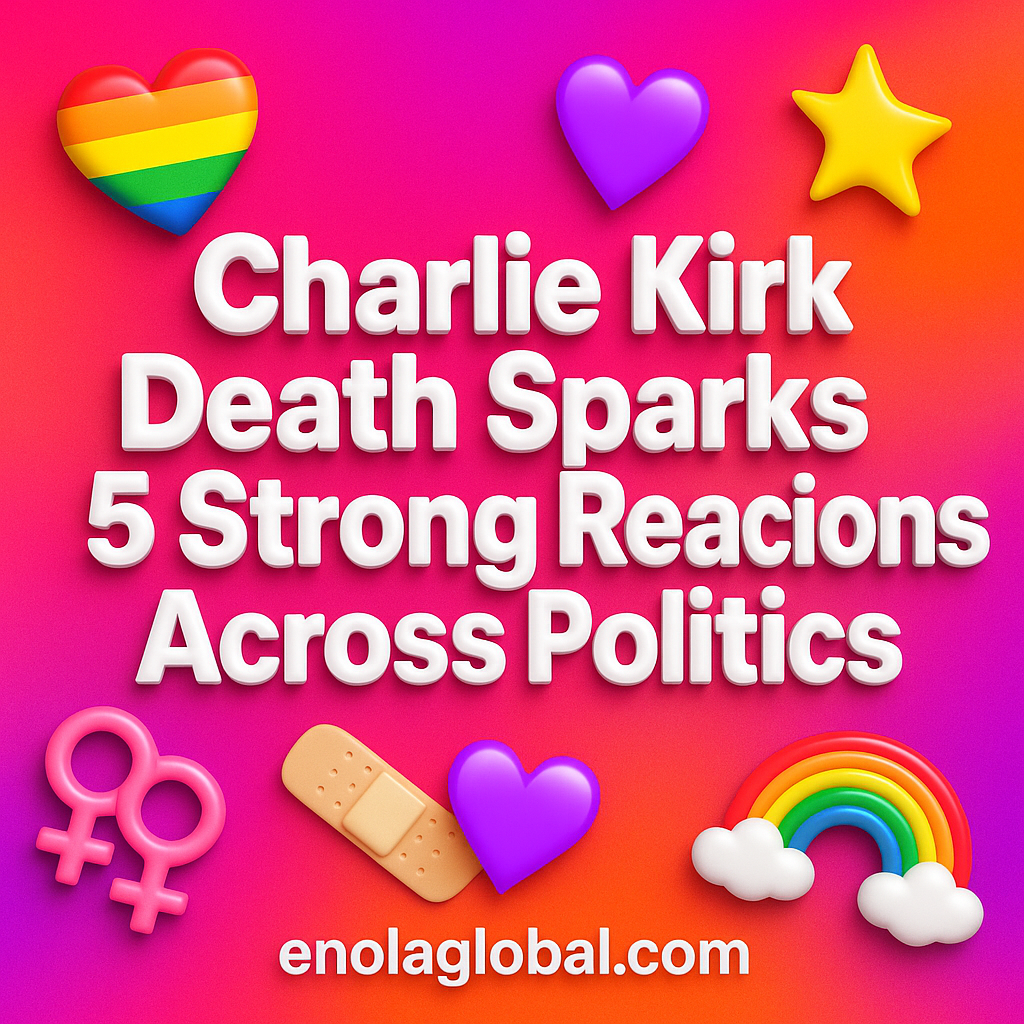 Charlie Kirk Death Sparks 5 Strong Reactions Across Politics Square news graphic showing a post title named "Charlie Kirk Death Sparks 5 Strong Reactions Across Politics" in bold white text on a pink–orange–purple gradient, with a rainbow heart, purple heart, and interlinked female symbols; enolaglobal.com at the bottom.