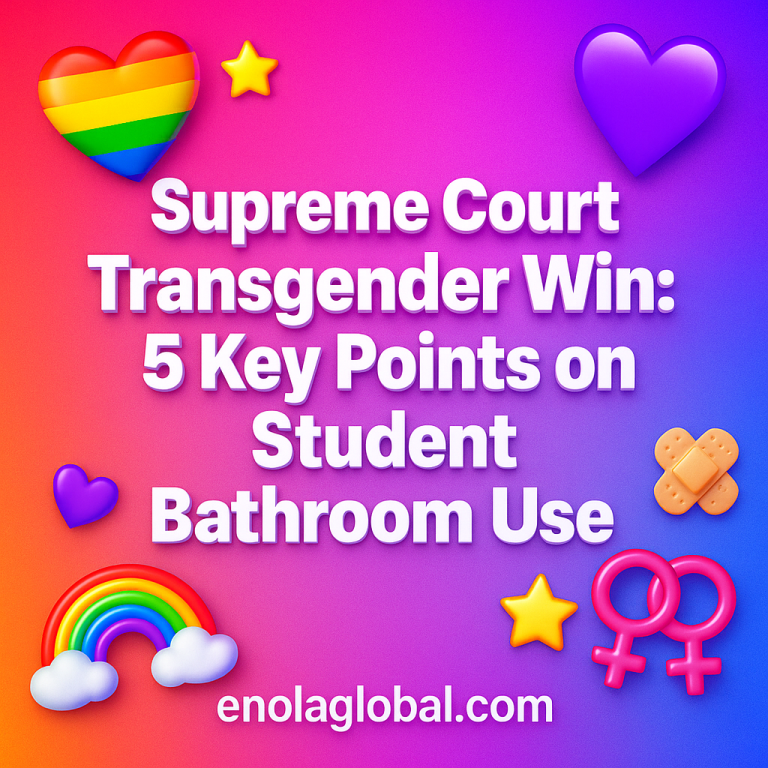 Supreme Court Transgender Win: 5 Key Points on Student Bathroom Use Square news graphic showing a post title named "Supreme Court Transgender Win: 5 Key Points on Student Bathroom Use" in bold white text on a pink–orange–purple gradient, with a rainbow heart, purple heart, and interlinked female symbols; enolaglobal.com at the bottom.