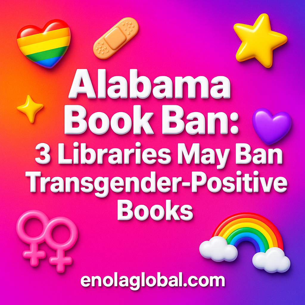 Alabama Book Ban: 3 Libraries May Ban Transgender-Positive Books Square news graphic showing a post title named "Alabama Book Ban: 3 Libraries May Ban Transgender-Positive Books" in bold white text on a pink–orange–purple gradient, with a rainbow heart, purple heart, and interlinked female symbols; enolaglobal.com at the bottom.