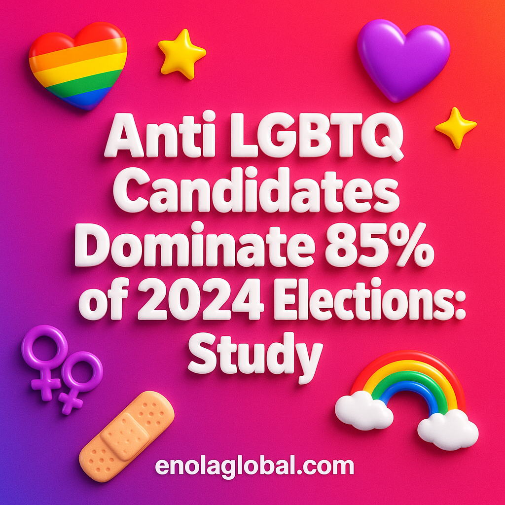 Anti LGBTQ Candidates Dominate 85% of 2024 Elections: Study Square news graphic showing a post title named "Anti LGBTQ Candidates Dominate 85% of 2024 Elections: Study" in bold white text on a pink–orange–purple gradient, with a rainbow heart, purple heart, and interlinked female symbols; enolaglobal.com at the bottom.