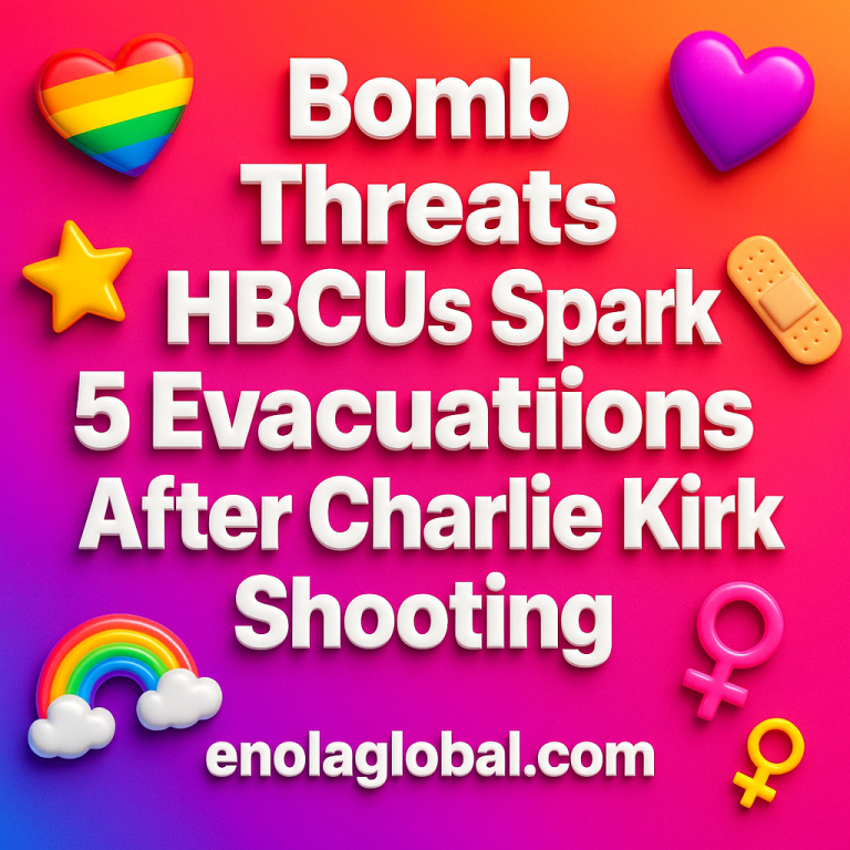 Bomb Threats HBCUs Spark 5 Evacuations After Charlie Kirk Shooting Square news graphic showing a post title named "Bomb Threats HBCUs Spark 5 Evacuations After Charlie Kirk Shooting" in bold white text on a pink–orange–purple gradient, with a rainbow heart, purple heart, and interlinked female symbols; enolaglobal.com at the bottom.