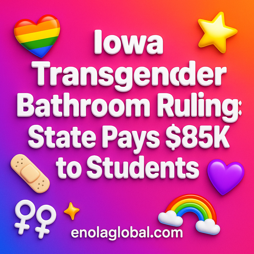 Iowa Transgender Bathroom Ruling: State Pays $85K to Students Square news graphic showing a post title named "Iowa Transgender Bathroom Ruling: State Pays $85K to Students" in bold white text on a pink–orange–purple gradient, with a rainbow heart, purple heart, and interlinked female symbols; enolaglobal.com at the bottom.