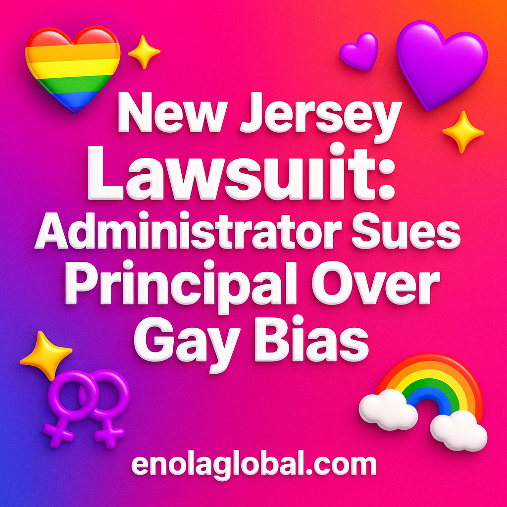 New Jersey Lawsuit: Administrator Sues Principal Over Gay Bias Square news graphic showing a post title named "New Jersey Lawsuit: Administrator Sues Principal Over Gay Bias" in bold white text on a pink–orange–purple gradient, with a rainbow heart, purple heart, and interlinked female symbols; enolaglobal.com at the bottom.