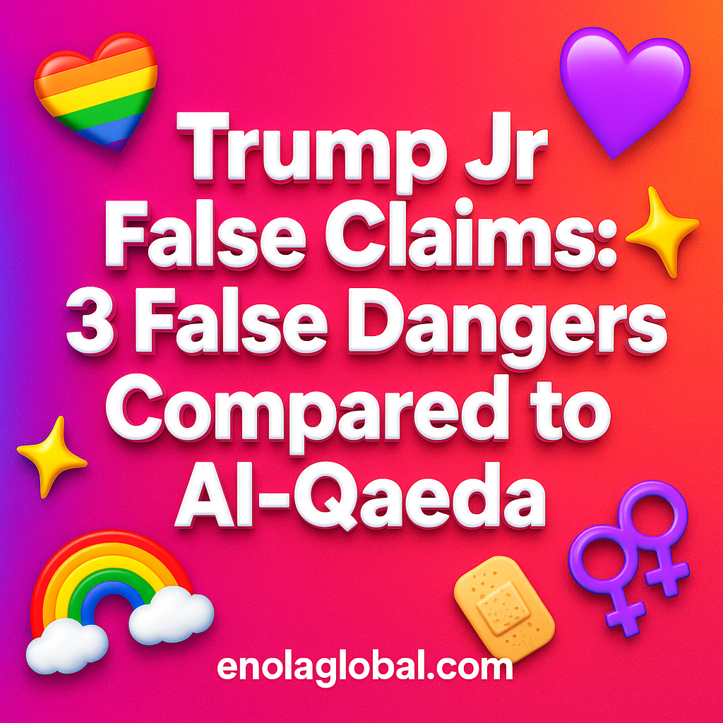 Trump Jr False Claims: 3 False Dangers Compared to Al-Qaeda Square news graphic showing a post title named "Trump Jr False Claims: 3 False Dangers Compared to Al-Qaeda" in bold white text on a pink–orange–purple gradient, with a rainbow heart, purple heart, and interlinked female symbols; enolaglobal.com at the bottom.