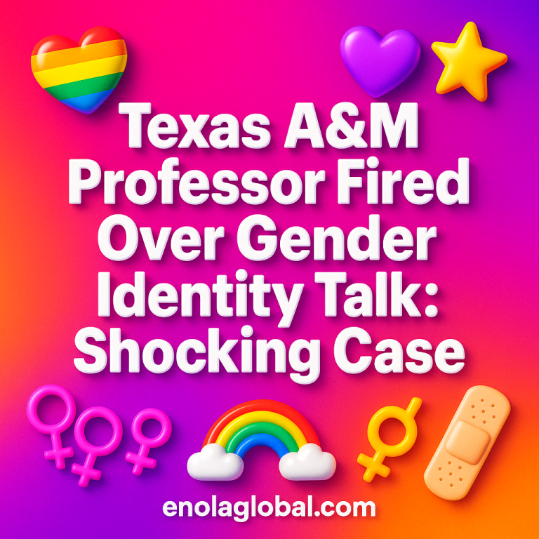 Texas A&M Professor Fired Over Gender Identity Talk: Shocking Case Square news graphic showing a post title named "Texas A&M Professor Fired Over Gender Identity Talk: Shocking Case" in bold white text on a pink–orange–purple gradient, with a rainbow heart, purple heart, and interlinked female symbols; enolaglobal.com at the bottom.