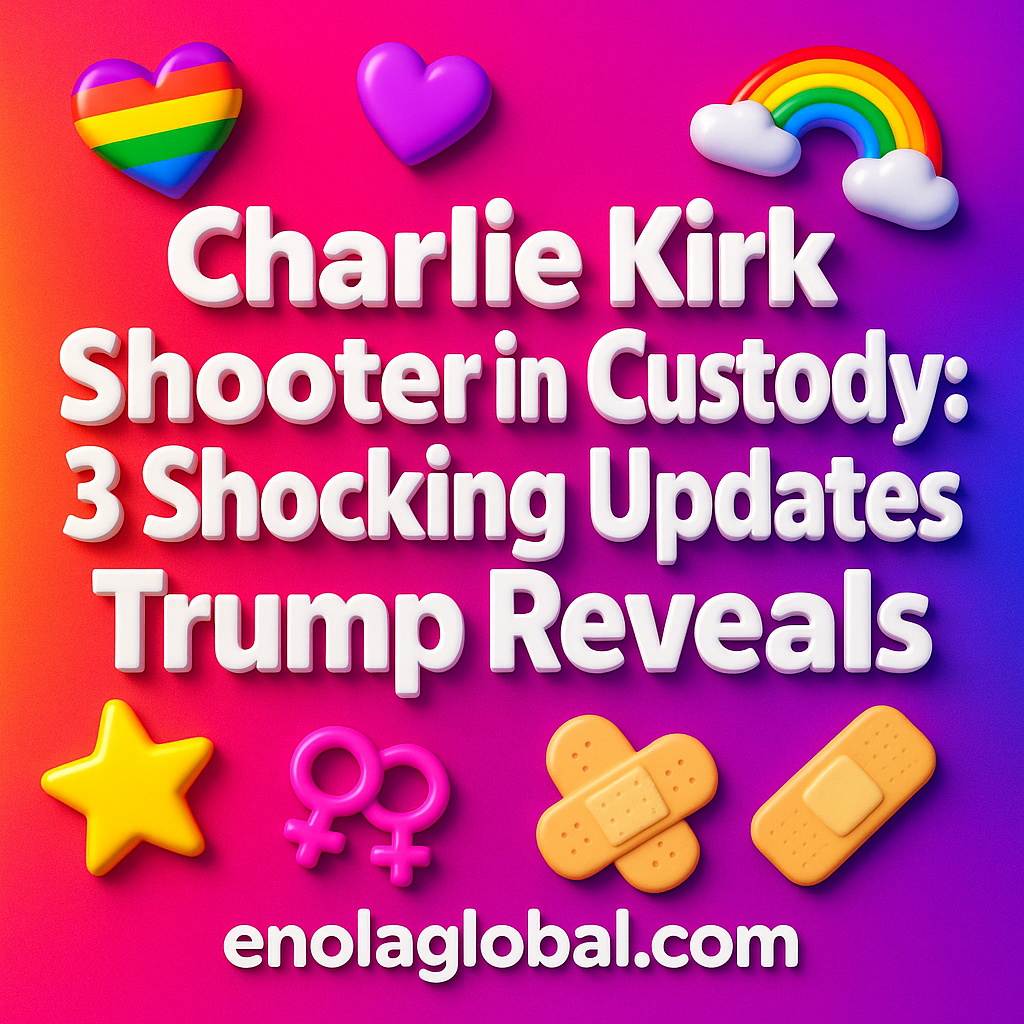 Charlie Kirk Shooter in Custody: 3 Shocking Updates Trump Reveals Square news graphic showing a post title named "Charlie Kirk Shooter in Custody: 3 Shocking Updates Trump Reveals" in bold white text on a pink–orange–purple gradient, with a rainbow heart, purple heart, and interlinked female symbols; enolaglobal.com at the bottom.