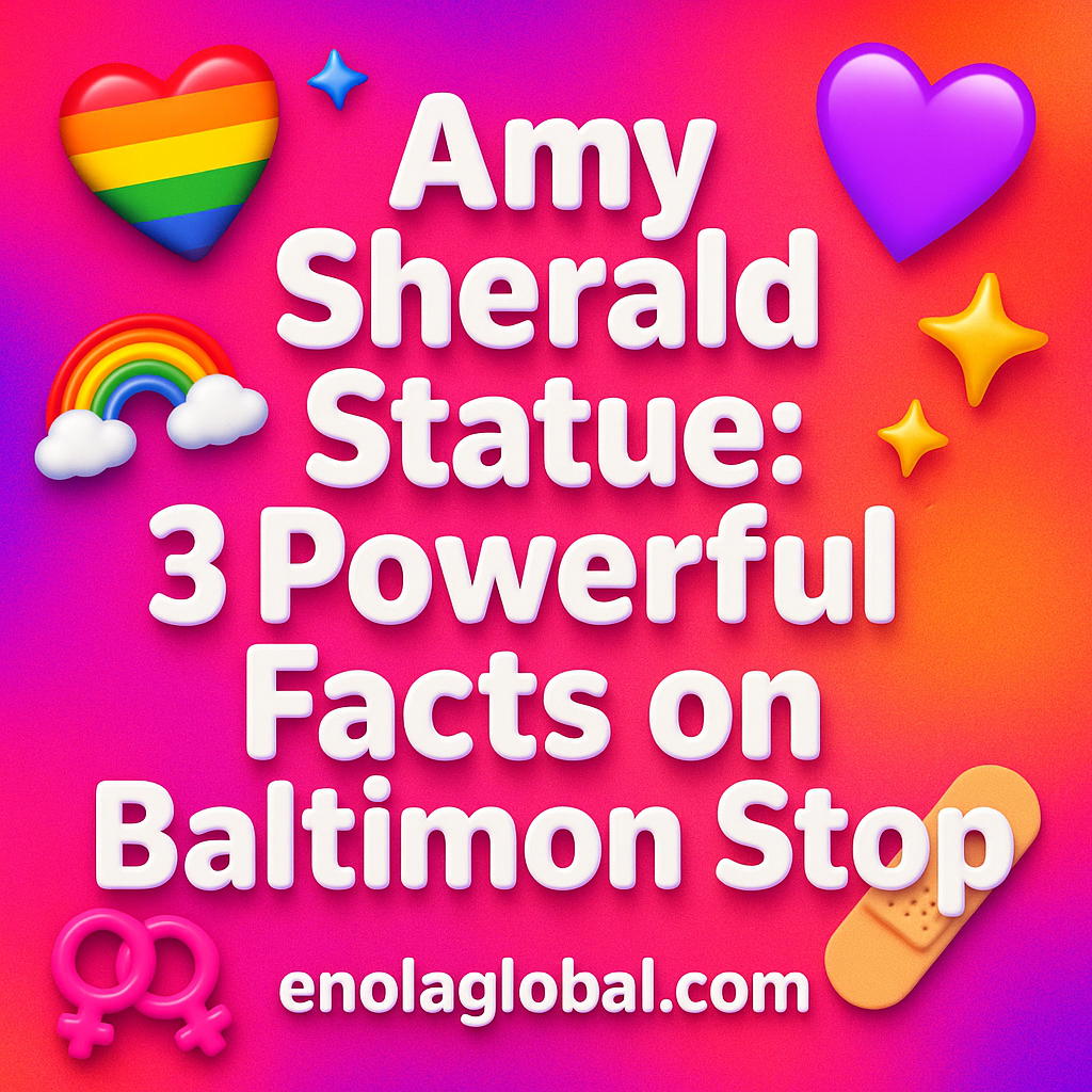 Amy Sherald Statue: 3 Powerful Facts on Baltimore Stop Square news graphic showing a post title named "Amy Sherald Statue: 3 Powerful Facts on Baltimore Stop" in bold white text on a pink–orange–purple gradient, with a rainbow heart, purple heart, and interlinked female symbols; enolaglobal.com at the bottom.