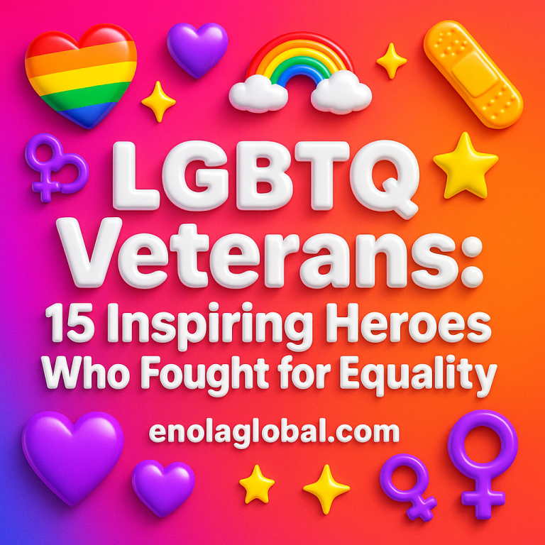 LGBTQ Veterans: 15 Inspiring Heroes Who Fought for Equality Square news graphic showing a post title named "LGBTQ Veterans: 15 Inspiring Heroes Who Fought for Equality" in bold white text on a pink–orange–purple gradient, with a rainbow heart, purple heart, and interlinked female symbols; enolaglobal.com at the bottom.