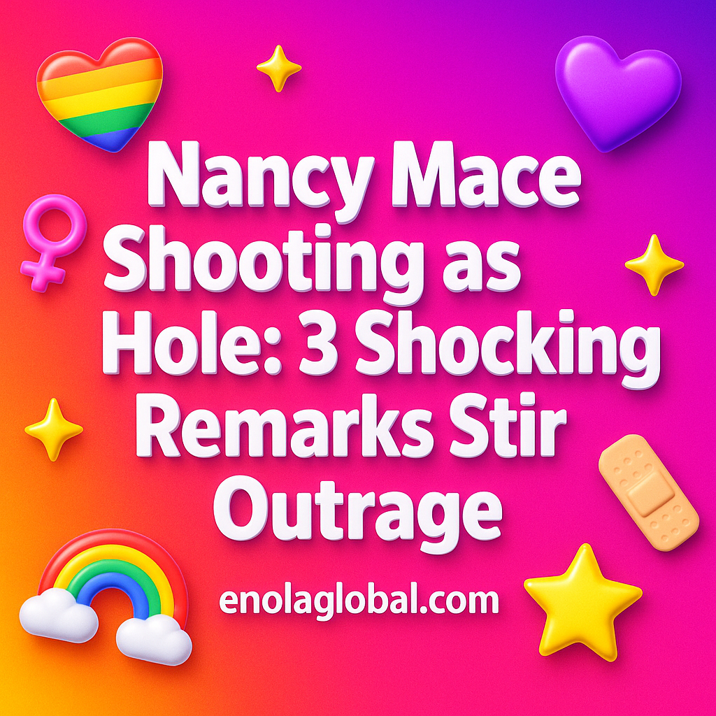 Nancy Mace Shooting as Hole: 3 Shocking Remarks Stir Outrage Square news graphic showing a post title named "Nancy Mace Shooting as Hole: 3 Shocking Remarks Stir Outrage" in bold white text on a pink–orange–purple gradient, with a rainbow heart, purple heart, and interlinked female symbols; enolaglobal.com at the bottom.