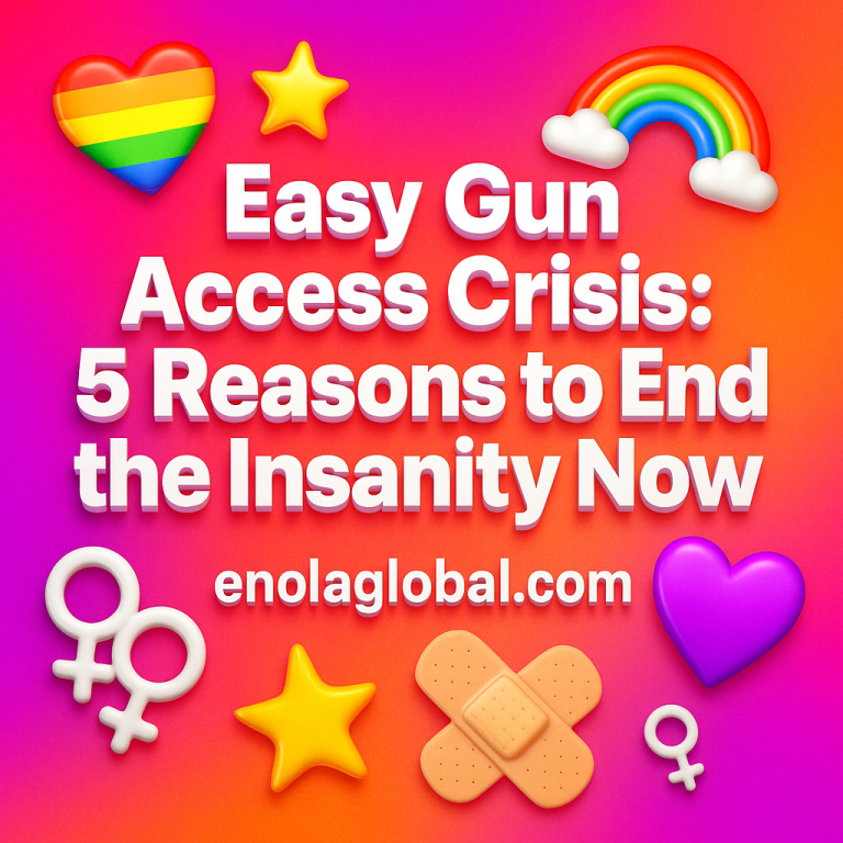 Easy Gun Access Crisis: 5 Reasons to End the Insanity Now Square news graphic showing a post title named "Easy Gun Access Crisis: 5 Reasons to End the Insanity Now" in bold white text on a pink–orange–purple gradient, with a rainbow heart, purple heart, and interlinked female symbols; enolaglobal.com at the bottom.