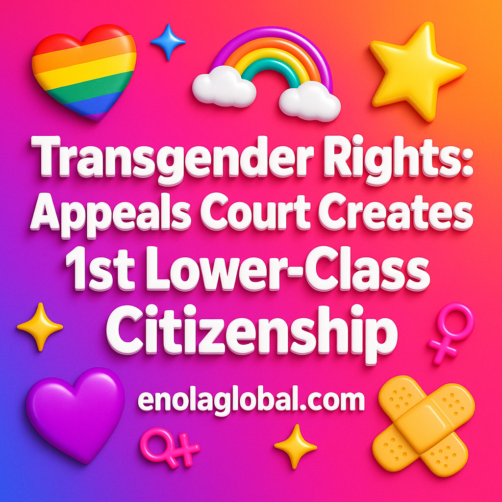 Transgender Rights: Appeals Court Creates 1st Lower-Class Citizenship Square news graphic showing a post title named "Transgender Rights: Appeals Court Creates 1st Lower-Class Citizenship" in bold white text on a pink–orange–purple gradient, with a rainbow heart, purple heart, and interlinked female symbols; enolaglobal.com at the bottom.