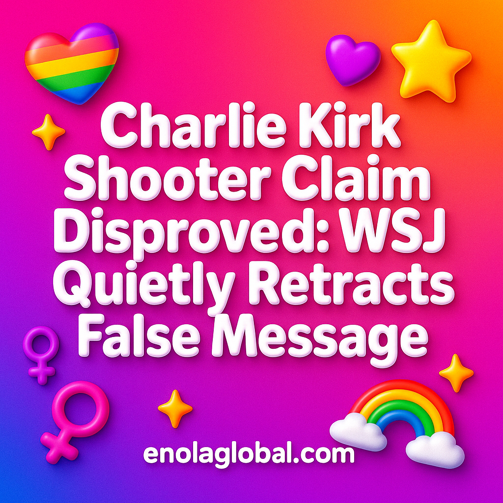 Charlie Kirk Shooter Claim Disproved: WSJ Quietly Retracts False Message Square news graphic showing a post title named "Charlie Kirk Shooter Claim Disproved: WSJ Quietly Retracts False Message" in bold white text on a pink–orange–purple gradient, with a rainbow heart, purple heart, and interlinked female symbols; enolaglobal.com at the bottom.