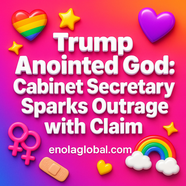 Trump Anointed God: Cabinet Secretary Sparks Outrage with Claim Square news graphic showing a post title named "Trump Anointed God: Cabinet Secretary Sparks Outrage with Claim" in bold white text on a pink–orange–purple gradient, with a rainbow heart, purple heart, and interlinked female symbols; enolaglobal.com at the bottom.