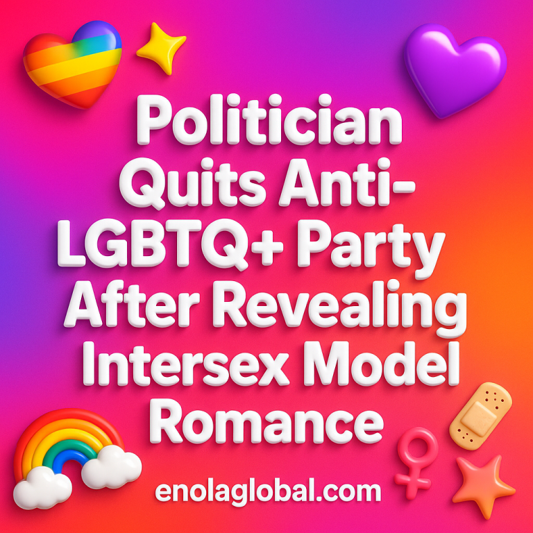 Politician Quits Anti-LGBTQ+ Party After Revealing Intersex Model Romance Square news graphic showing a post title named "Politician Quits Anti-LGBTQ+ Party After Revealing Intersex Model Romance" in bold white text on a pink–orange–purple gradient, with a rainbow heart, purple heart, and interlinked female symbols; enolaglobal.com at the bottom.