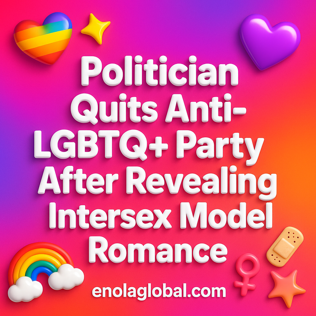 Politician Quits Anti-LGBTQ+ Party After Revealing Intersex Model Romance Square news graphic showing a post title named "Politician Quits Anti-LGBTQ+ Party After Revealing Intersex Model Romance" in bold white text on a pink–orange–purple gradient, with a rainbow heart, purple heart, and interlinked female symbols; enolaglobal.com at the bottom.