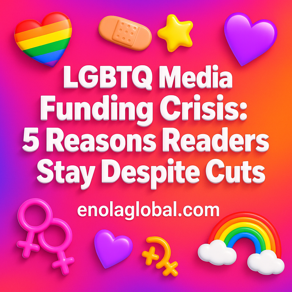 LGBTQ Media Funding Crisis: 5 Reasons Readers Stay Despite Cuts Square news graphic showing a post title named "LGBTQ Media Funding Crisis: 5 Reasons Readers Stay Despite Cuts" in bold white text on a pink–orange–purple gradient, with a rainbow heart, purple heart, and interlinked female symbols; enolaglobal.com at the bottom.